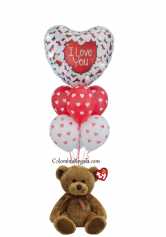 Bouquet de globos con oso de peluche a Colombia, regalo romántico económico a Colombia, enviar regalo romántico a Bogotá, enviar flores para san valentin en Colombia, enviar rosas y globo a Colombia
