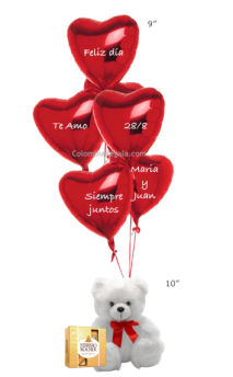 Bouquet de Globos de corazones rojos con tus mensajes personalizados acompañado de osito de peluche y chocolates. Entrega a domicilio en Colombia sin costo adicional