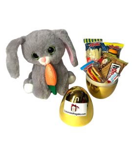 Conejo de Pascua con Huevo dorado de pascua lleno de dulces y chocolates. En la pascua el Huevo simboliza la continuidad del ciclo de la vida (por su forma ovalada). Envíos a toda Colombia