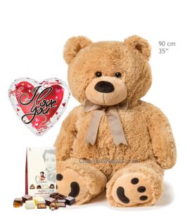 Oso grande CARAMELO en combo con Pralines y globo