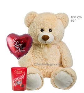 Oso de Peluche Grande Valentin  con Globo y Chocolates suizos Lindt