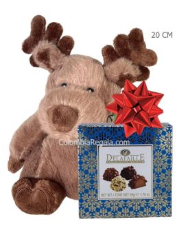 Reno navideño de 20 cm con chocolates belgas Delafaille. Incluye empaque, moño y tarjeta. Envío gratis a toda Colombia. Un detalle perfecto para Navidad.