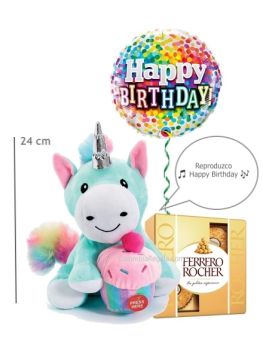 Envío de Combo de cumpleaños con Unicornio de peluche que reproduce la canción Happy Birthday, Caja de Ferrero Rocher y Globo metalizado a Colombia. Free delivery