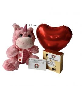 Unicornio bebé de peluche con Chocolates Ferrero y Globo.  Entrega a domicilio en toda Colombia sin costo adicional. 